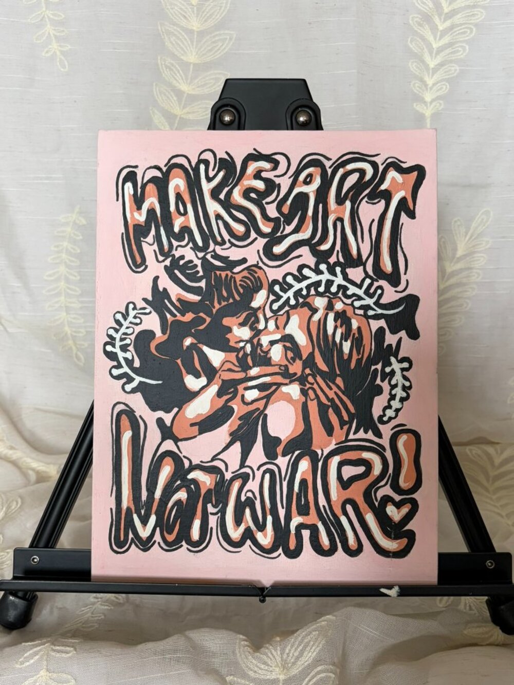Hand Painted “Make Art Not War” Floral Acrylic Canvas 9x12